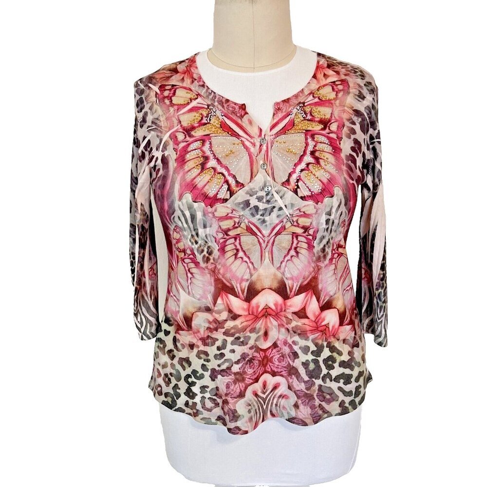 Style & Co - Pink and Tan Beaded Butterfly Leopard Print Henley Notch Neck Tunic